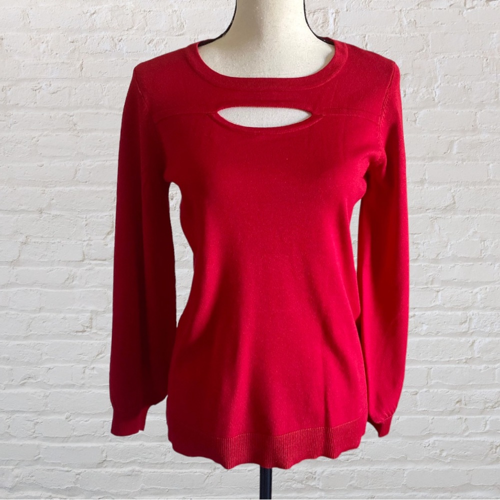RED JADE CUTOUT BALLOON SLEEVE PULLOVER TOP